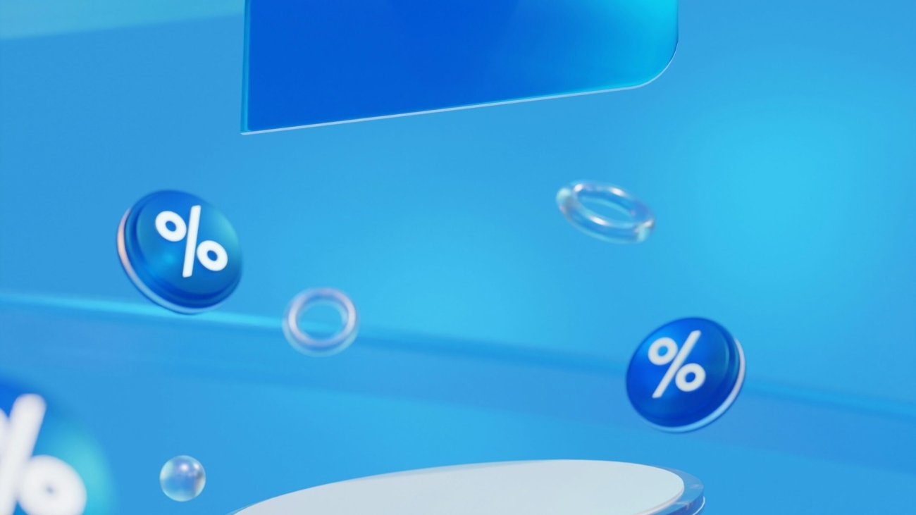 A blue background with bubbles and a price sign