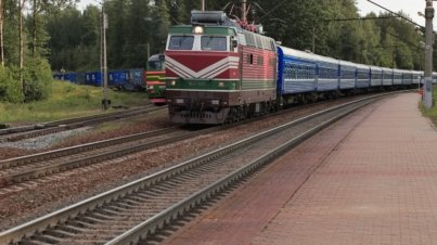 a train traveling down train tracks next to a forest