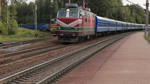 a train traveling down train tracks next to a forest